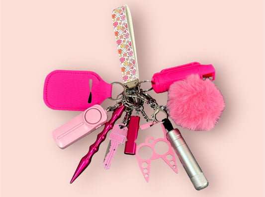 Premium Pink Flowers Safety Keychain Set